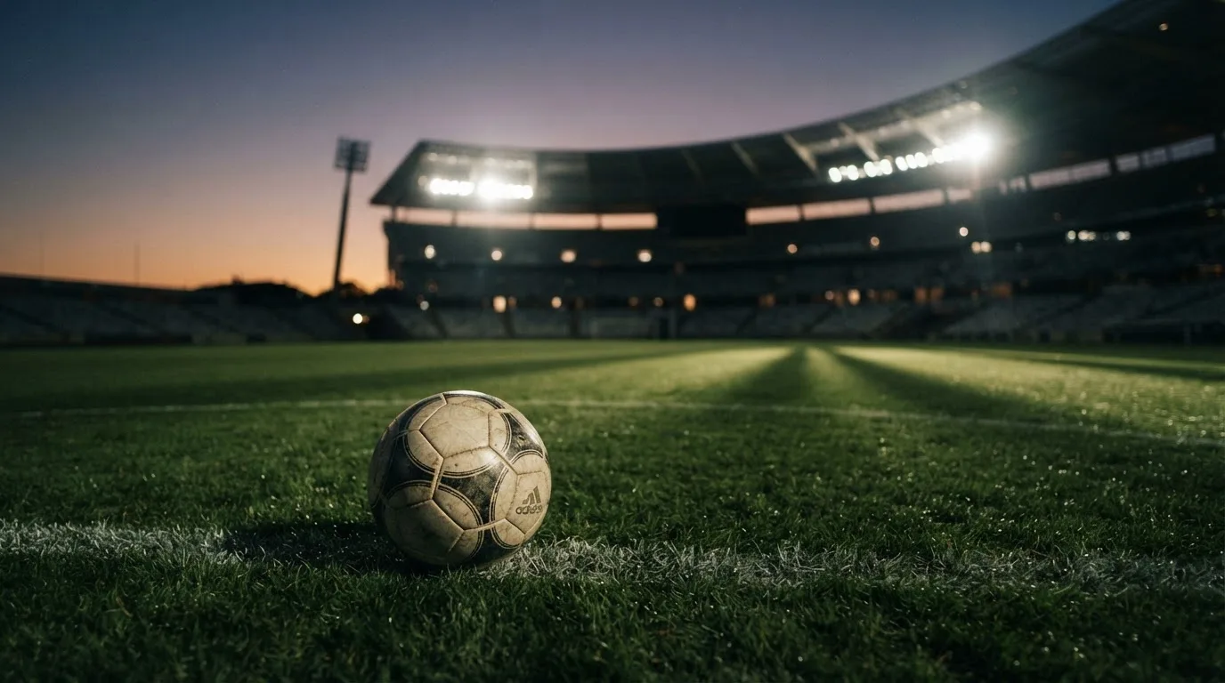 Ein Fußball liegt auf einem Rasenplatz in der Dämmerung, im Hintergrund ein ferner Stadionrand unter Flutlicht.