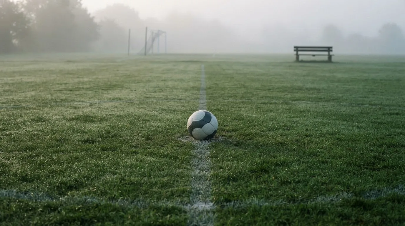 Ein Fußball liegt in der Mitte eines leeren Rasenplatzes im Morgennebel, am Rand steht eine einzelne Auswechselbank.