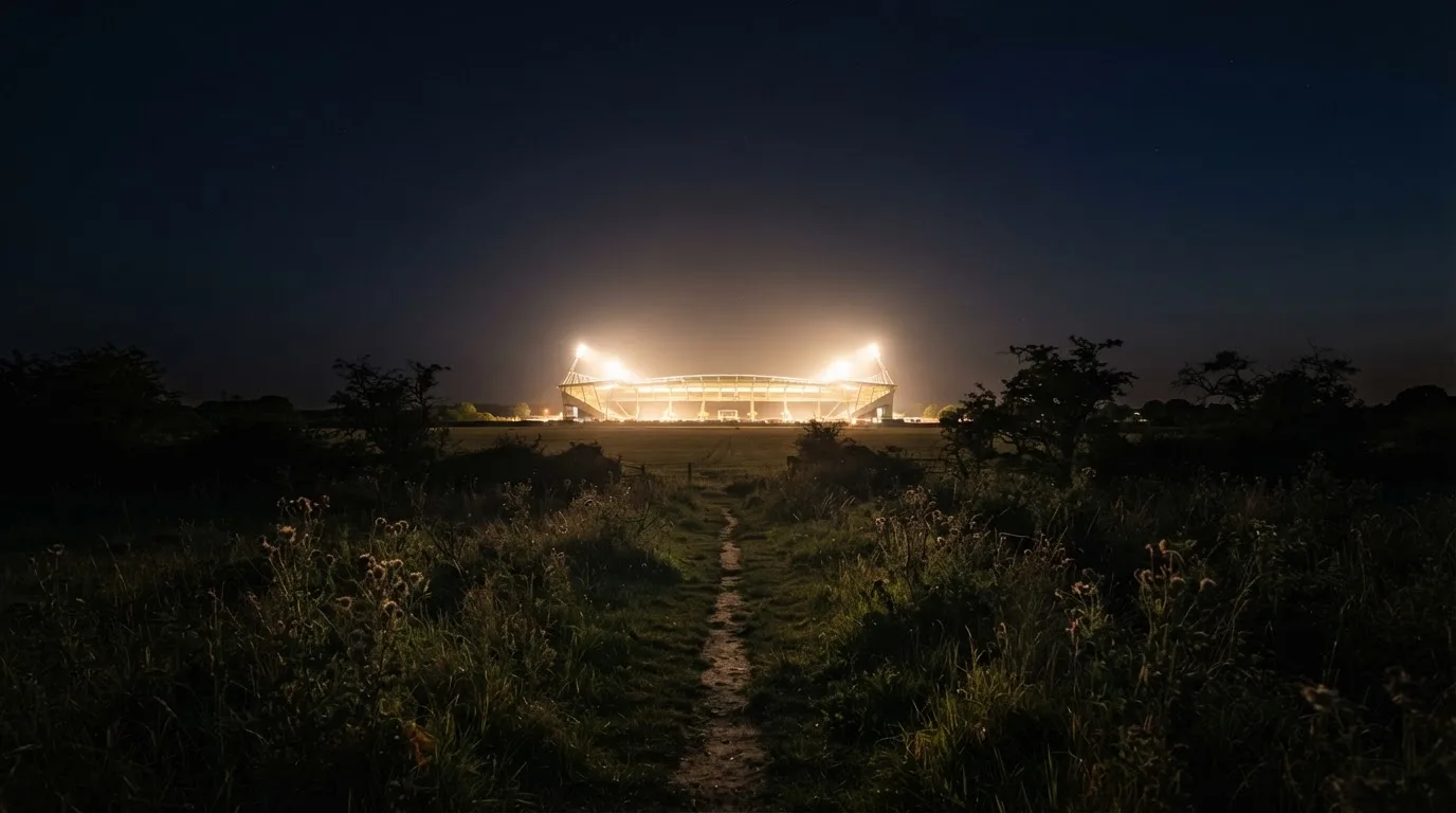 Ein Stadion unter Flutlicht von weitem gesehen, davor ein Feld und ein Feldweg im Dunkeln.
